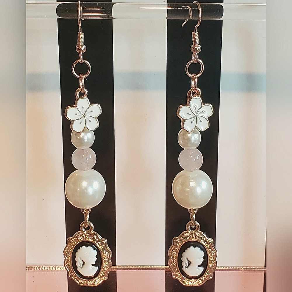 Handmade Dangle Earrings With Faux Pearl Beads & Rose Quartz Beads& Cute Charms